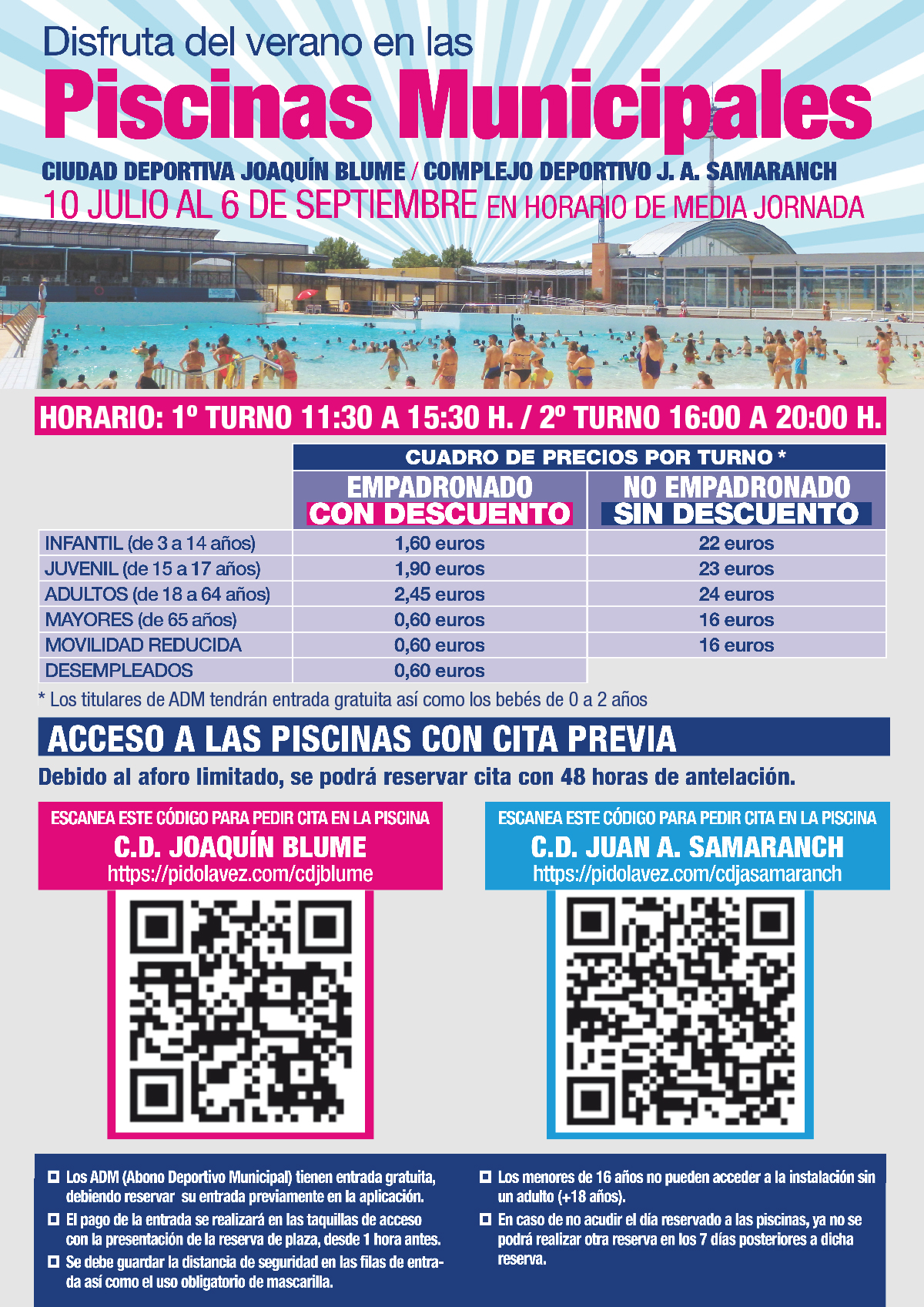 Cartel normas acceso piscinas verano
