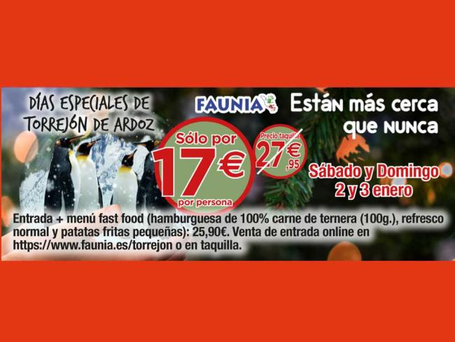 El sábado 2 y domingo 3 de enero, grandes descuentos para los torrejoneros en Faunia gracias a los Días Especiales de Torrejón de Ardoz 