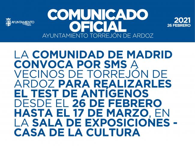 Último fin de semana para que los vecinos de Torrejón de Ardoz puedan realizarse test de antígenos en la Sala de Exposiciones - Casa de la Cultura convocados por la Comunidad de Madrid por SMS