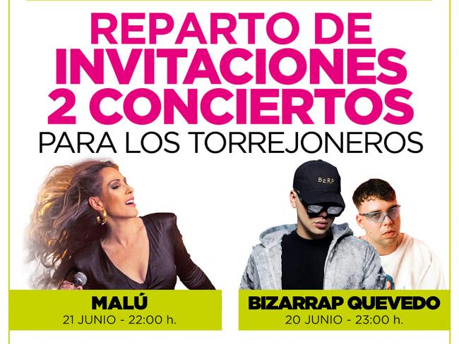En previsión de una gran afluencia de público, sólo se podrá acceder a los conciertos de las Fiestas Populares de Malú (martes 21 de junio a las 22:00 horas) y Bizarrap y Quevedo (lunes 20 de junio a las 23:00 horas) mediante invitación gratuita para los torrejoneros 